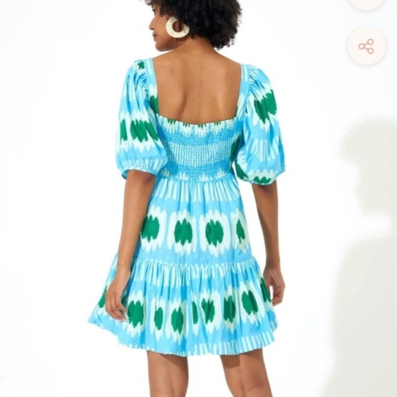 Oliphant Blue Ikat Square Neck Bubble Dress Small Puff Sleeves Resort Wear Vaca - Picture 2 of 9